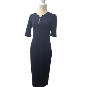 10 CROSBY DEREK LAM Navy Bodycon Midi Dress Braided